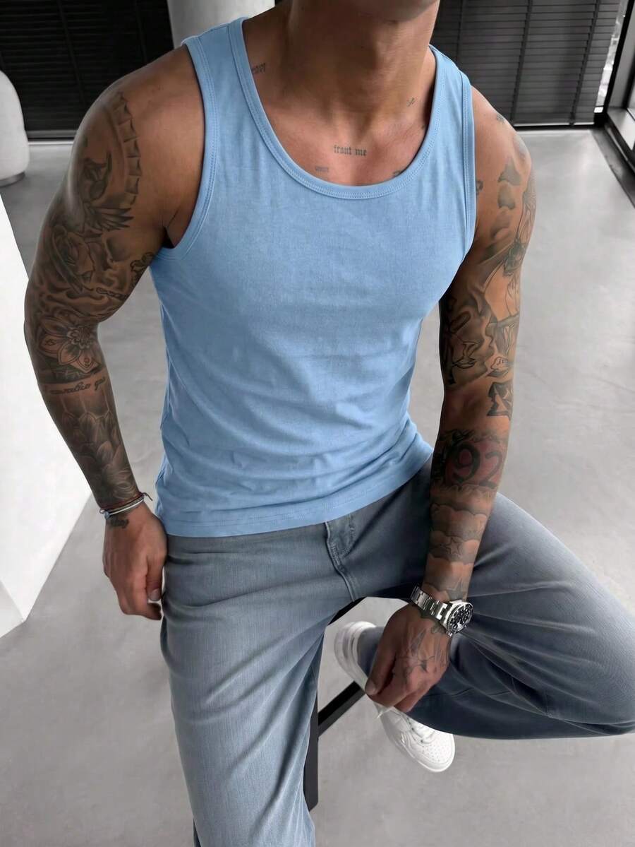 男士纯色健身背心，透气运动衫，适合健身房、跑步、训练 - 不透视背心，夏季运动休闲服，不透明面料