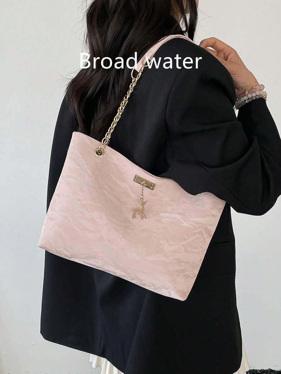 優雅女款大容量漸層色休閒托特肩背包,時尚金屬鹿吊飾裝飾,鏈條背帶斜背手提多功能通勤購物包 - 粉色 - 查看 1