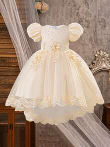 Vestido de niña de flores con mangas abullonadas, apliques de cuentas y cola de tul color champán, adecuado para recital de piano y fiesta de noche, con perlas falsas incrustadas al azar, diadema no incluida - Champán - Ver 4
