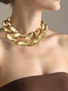 1pc Exaggerated Large Metal Clasp Punk Style Geometric Chunky Chain Necklace, Fashion Jewelry - Gold - View 11