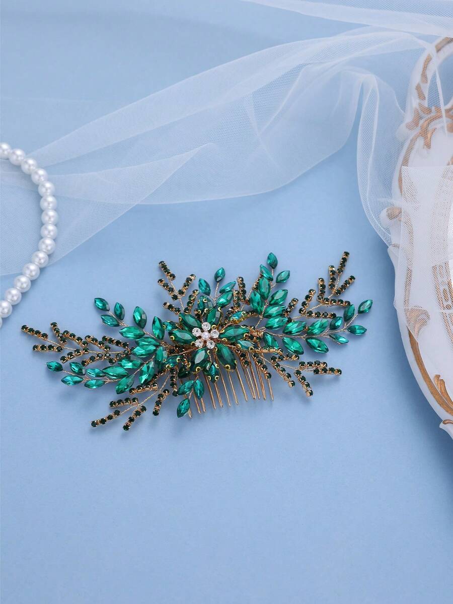 1pc Handmade Green Rhinestone Leaf Hair Comb, Elegant Bridal Hair Accessory For Wedding, Prom, Party - Green - View 1