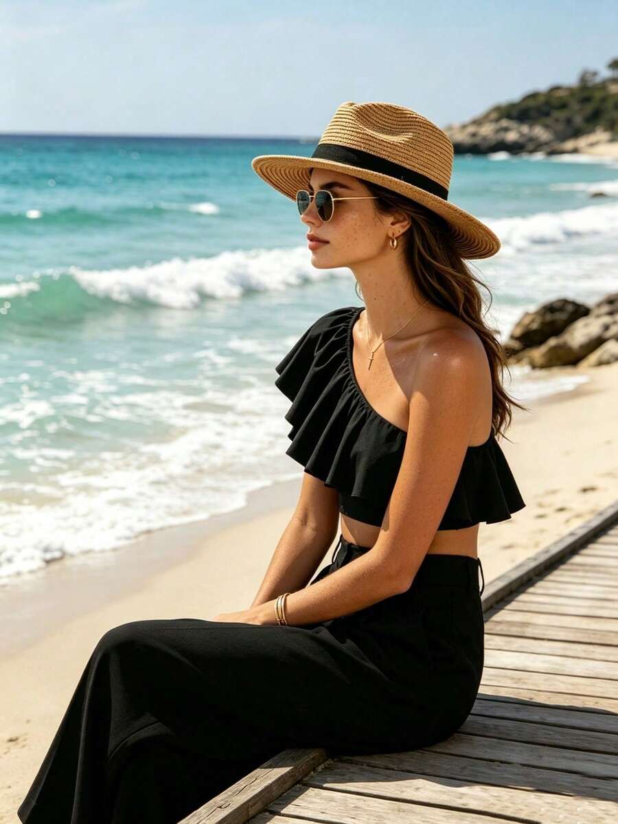 1 Stück Unisex Sommer Sonnenschutz Strohhut, breiter Krempen Sonnenhut, Reise Strandhut, Panama Rundhut - Verschiedenfarbig - Übersicht 1