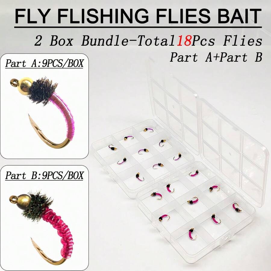 18Pcs-2 Boxs Bundle(9Pcs/Box-Kit A+9Pcs/Box-Kit B)Fly Fishing Flies Bait Fishing For Trout Flies Fly Fishing Midges Lures-Size10#-Wet Flies