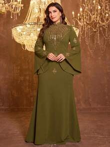 UNITHORSE Women's Stand Collar Long Sleeve Fitted Linen Evening Dress Wedding Party Fall - Olive Green - View 6