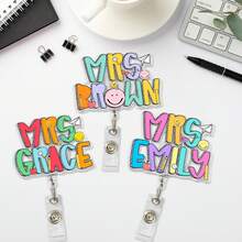 Customized Teacher Name Badge Scroll-Style Personalized ID Holder, Keychain, Fridge Magnet, Teacher Gift, Student Appreciation Gift, Back To School Teacher Exclusive Gift, Customized Wildflower Wooden Gift, Also Perfect For Women, Boyfriend, Girlfriend, Family Or Friends, Cute Retractable Badge Holder Designed For Nurses, Teachers, Students And Office Workers - H-custom Letter Accessories - View 1