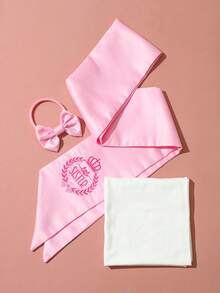 3件組新生兒攝影道具 Hello World 刺繡緞面大蝴蝶結腰帶毯 醫院出院包巾 附蝴蝶結髮帶 - 粉色 - 查看 9