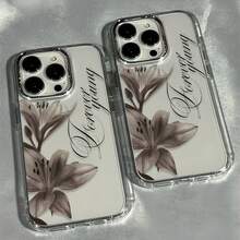 1pc Metal Shell Transparent Personalized Coffee Brown Lily English Pattern Phone Case Compatible With IPhone 16 Pro Max/17/16/15/14 Plus/13/12/11 Protective Case Air - Multicolor - View 3