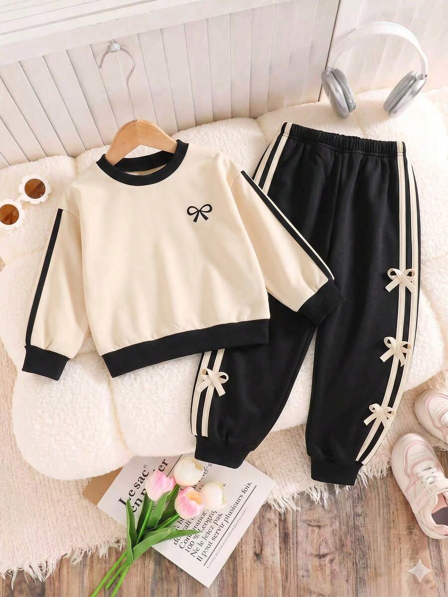 Girls' Spring/Autumn Casual Minimalist Bow Graphic Print Apricot Long Sleeve Sweatshirt And Bow Black Sweatpants 2-Piece Set - Apricot - View 1