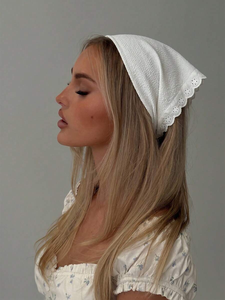 1pc Original Floral Embroidered Rolled Edge Headwrap Hairband For Women, Suitable For Daily And Vacation Use Summer Hair Accessories Beach Scarf Vacay Bandanas - White - View 1