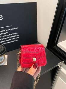 1 pieza Monedero bandolera cuadrado mini de PU unicolor con relieve de cocodrilo, decoración de remaches metálicos, estilo retro, nuevo para verano, rojo, para mujer - Rojo - Ver 2