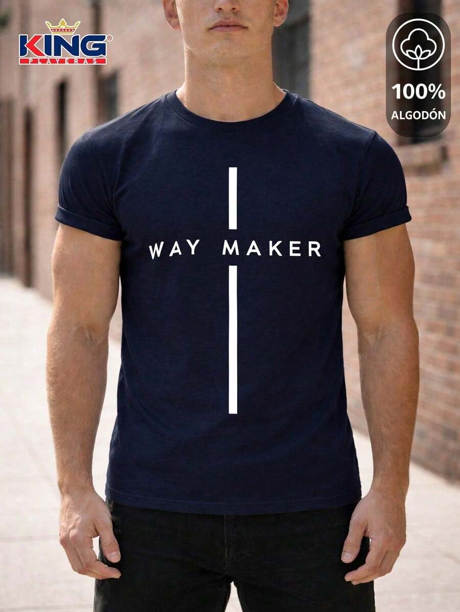 King T-shirt Camiseta de Hombre 100% algodón excelente calidad playera garantiza suavidad excepcional al tacto cuello redondo estampado "Way Maker Cruz Tipográfica Minimalista Espiritual" y manga corta - Azul Marino - Ver 1