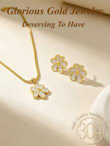 3pcs/1set, Stainless Steel Vintage Elegant Casual Six-Petal Flower Pendant Necklace And Earrings Set, Suitable For Women And Girls, Can Be Used As Mother's Gift, Christmas, Thanksgiving, Halloween, Wedding, Carnival Party/Ball/Gathering/Daily/Beach Accessory, Anniversary, Valentine's Day, Bohemian Style Jewelry, Birthday, Bridesmaid Gift. - Jewelry Set - View 1