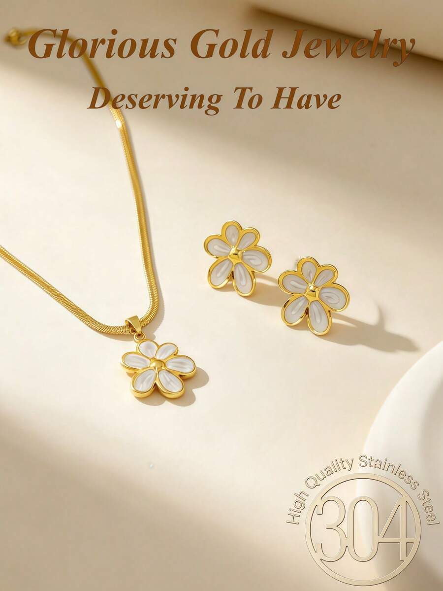 3pcs/1set, Stainless Steel Vintage Elegant Casual Six-Petal Flower Pendant Necklace And Earrings Set, Suitable For Women And Girls, Can Be Used As Mother's Gift, Christmas, Thanksgiving, Halloween, Wedding, Carnival Party/Ball/Gathering/Daily/Beach Accessory, Anniversary, Valentine's Day, Bohemian Style Jewelry, Birthday, Bridesmaid Gift. - Jewelry Set - View 1