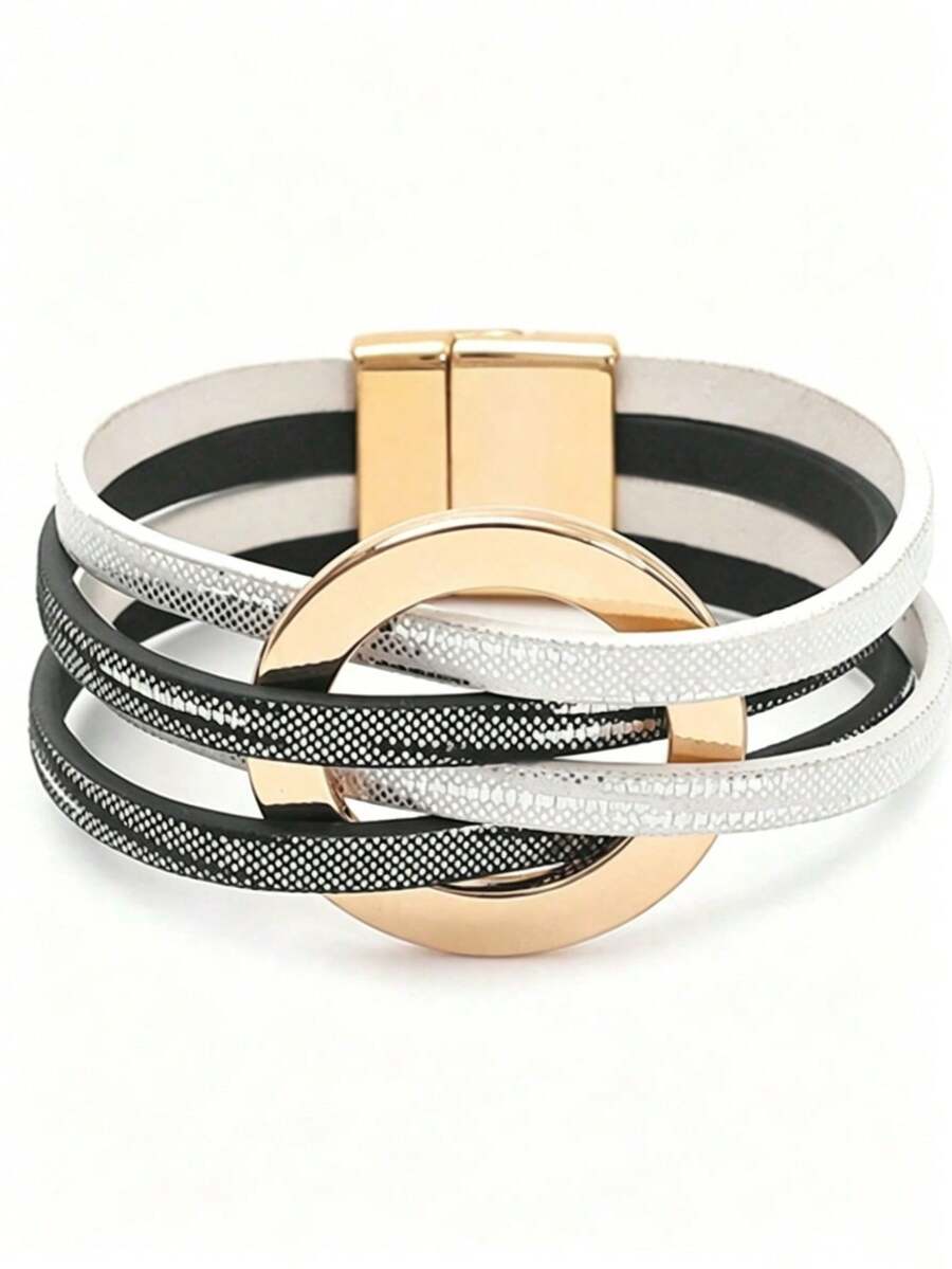 1 chiếc vòng tay nữ phong cách Âu Mỹ nhiều lớp bằng da PU và hợp kim, mặt tròn lớn, khóa nam châm, màu trắng và đen - trắng với đen - Xem 1