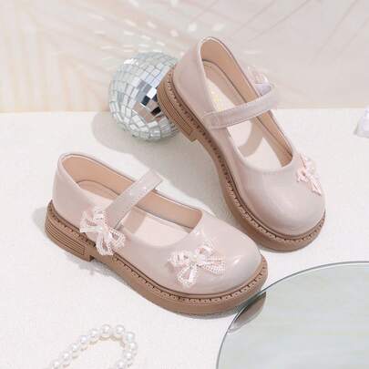 Lace Pearl Bow Mary Jane Shoes For Girls - Single Strap Rubber Non-Slip Thick Sole Baby Princess Dress Leather Shoes