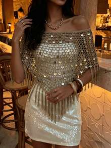 Sexy Hollow Out Fashion Multi-Way Wear Fitted Sequin Fringe Shawl, 2026 New Style, Women's Vacation Clothing, Summer Holiday, This Khaki Shiny Knit Hollow Out Shawl Is Perfect For Beach Vacation, Dating Casual Outings, Music Festivals And Various Holiday Activities. - Maroon - View 2