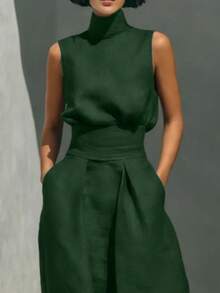 Women's Linen Sleeveless Turtleneck Jumpsuit, High Waisted Wide Leg Pants Jumpsuit With Pockets, Elegant Casual Summer Romper For Work & Vacation - 墨綠色 - 查看 2