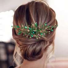 Green Bridal Updo Hair Accessory Handmade Vintage Wedding Hair Comb Rhinestone Hair Pin - Green - View 2
