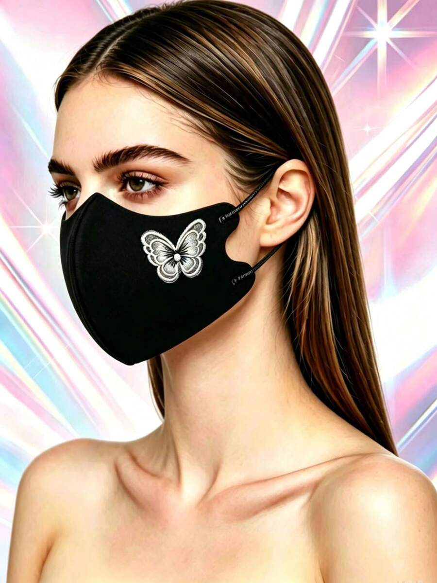 1件珍珠蝴蝶刺繡3D塑臉面罩,透氣可重複使用,女款時尚日常穿戴 - 彩色 - 查看 1