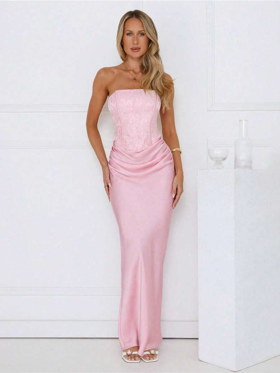Elegant Women Sexy Pleated Decor Dress, Cocktail Party Gown, Cute Party Dress, Mermaid Style Long Cocktail Dress, Woven Fabric, Backless Party Style Wedding Spring Pink - Pink - View 1