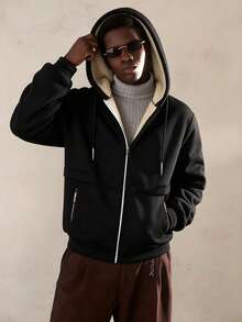 Men's Autumn/Winter Outdoor Thermal-Lined Hooded Sweatshirt Casual Fashion Minimalist Jacket - Black - View 1