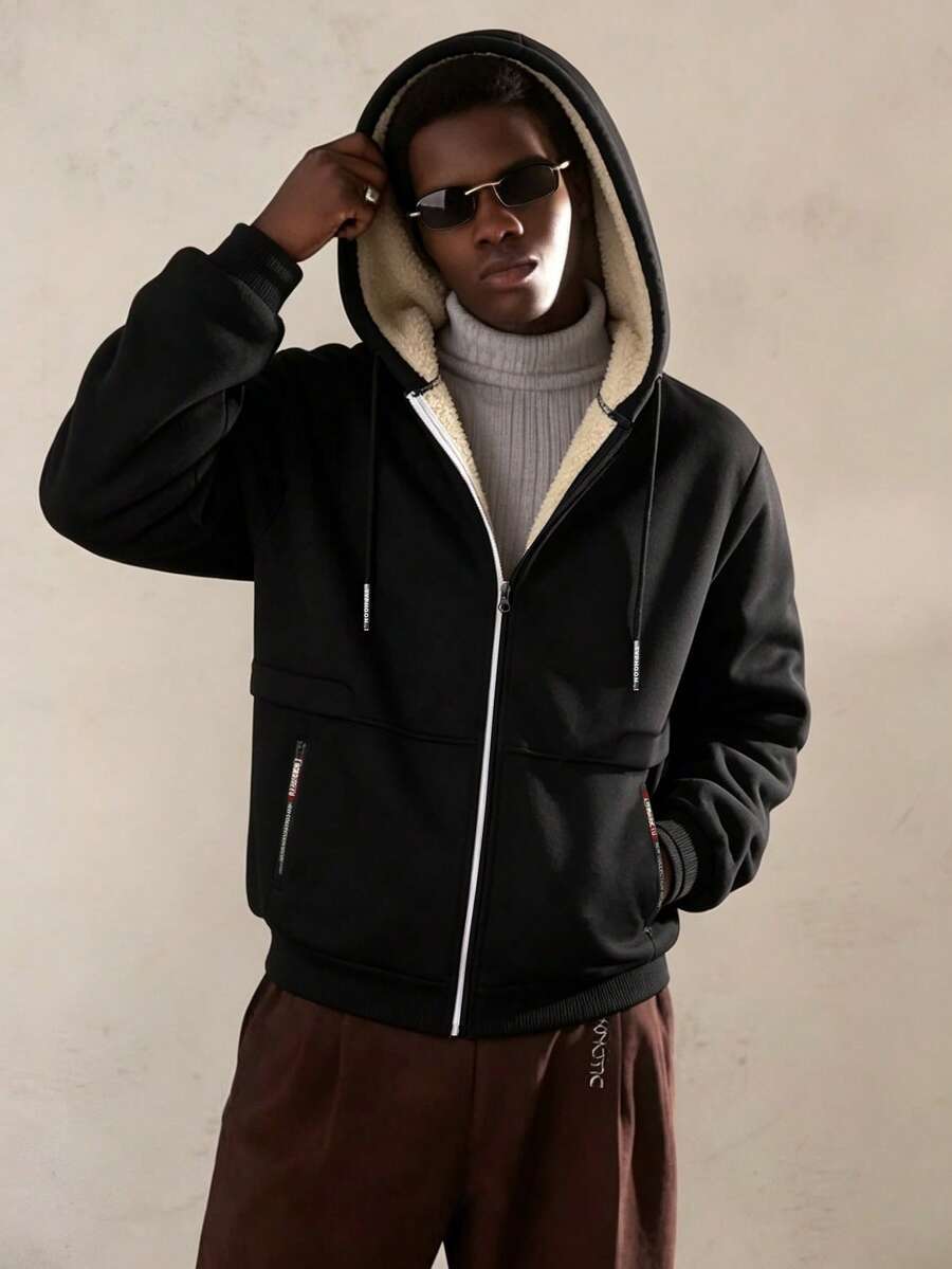 Men's Autumn/Winter Outdoor Thermal-Lined Hooded Sweatshirt Casual Fashion Minimalist Jacket - Black - View 1
