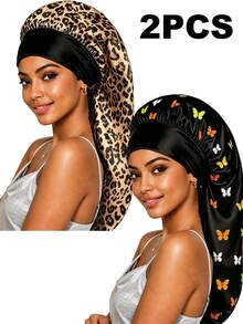CONFLASS 2pcs Satin Butterfly Print Long Sleep Cap, Luxury Satin Silk Sleep Cap With Adjustable Drawstring, Comfortable Fit, Christmas Gift Hair Sleep Cap Sleep Bonnet - Multicolor - View 13