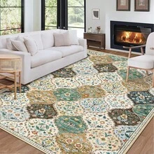 Waschbarer Teppich für Wohnzimmer, großer Vintage-Orientteppich mit Kurzflor, rutschfest und weich, mit Blumenmuster für Esszimmer und Wohnbereich - Beige - Übersicht 1