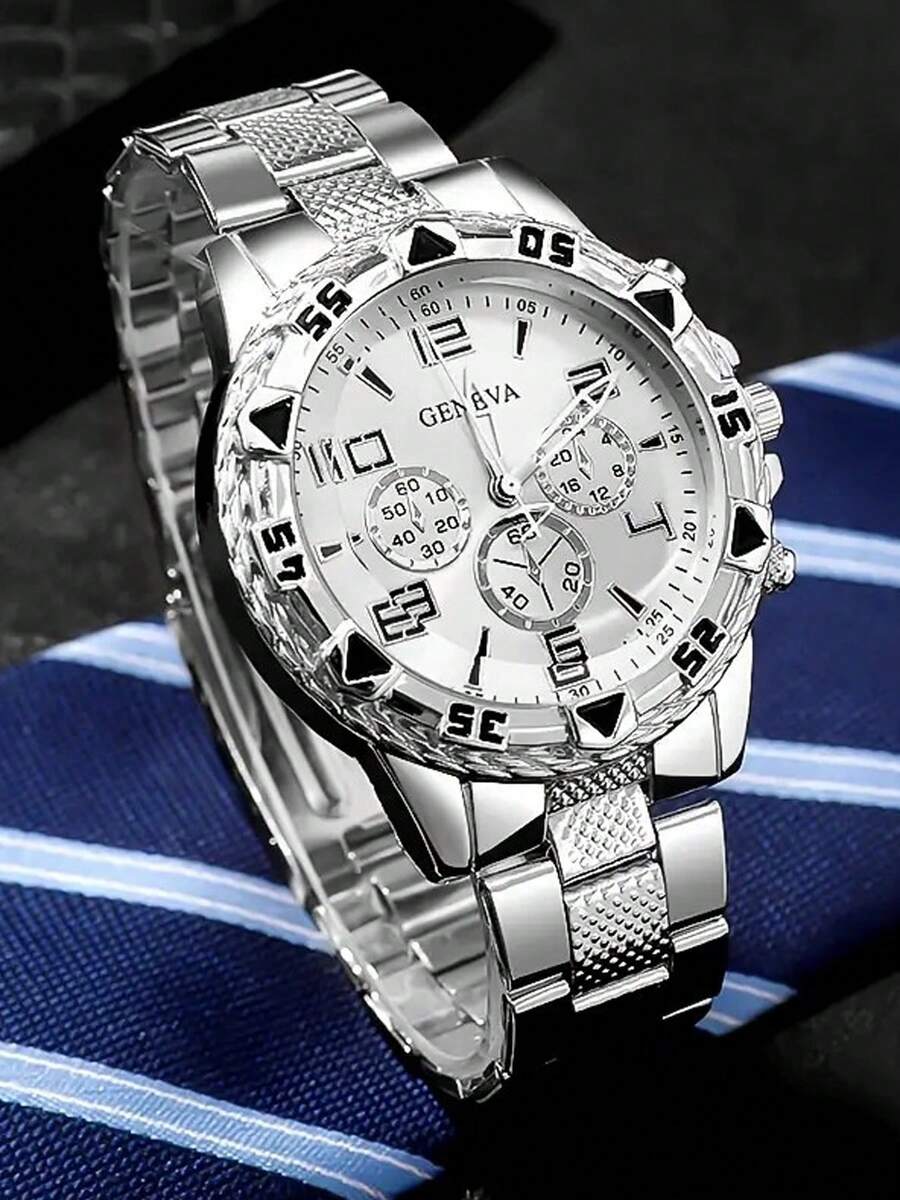 1pc Fashion Business Classic Hexagonal Large Dial Men's Alloy Strap Quartz Watch - Silver - View 1