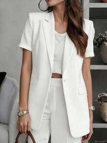 Blazer à manches courtes unicolore pour femmes, veste à col avec boutons et poches, style business décontracté pour le bureau, les trajets, la maison, le quotidien, printemps, été, automne - chemise blanche à manches courtes - Voir 2