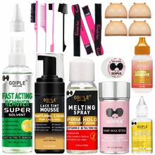 Goiple 16/17pcs Lace Tint Wig Install & Edge Perfecting Kit – Extreme Firm Hold Lace Wig Adhesive,Tint Mousse, Long-Lasting Edge Control & Wax Stick, Fast Melting Spray And Remover, Sweatproof, Curly/Wavy/Straight Hair,Wig Caps,Styling Brushe,Elastic Band - 17件淺棕色+除膠劑 - 查看 12