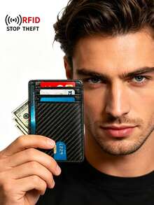 1pc Id Card Holder Wallet For Men, Anti Theft RFID Shielding Card Sleeve, Multi Slot Storage Card Bag,Carbon Fiber Textured Black Ultra-Thin Wallet - Multicolor - View 8