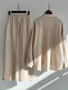 Women's Solid Color Loose Elegant High Waist Casual Linen Set, Loose Fit Flattering Slouchy Commute Vacation Outfit - Khaki - View 3