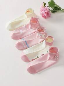 5 pares de calcetines tobilleros para mujer con lindo estampado de fresa, conejo y corazón, cómodos y suaves, absorbentes de sudor y transpirables, adecuados para uso diario, deportes y todas las estaciones - Multicolor - Ver 8