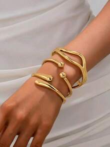 3pcs/1pc Fashion Minimalist Gold Tone Geometric Asymmetrical Curved Wave Water Drop Shape Chunky Textured Bangle Set, Suitable For Women, Thick Polished Heavy Metal And Zinc Alloy Material Bangle Set - Yellow Gold - View 10