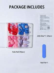 96片(4款混裝/組) Y2K短橢圓3D凝膠彩色法式指尖穿戴式假指甲，花朵與金粉設計，完美貼合壓克力假指甲組，含1片果凍膠與1片指甲銼條，適合女性日常與工作使用 - 彩色 - 查看 4