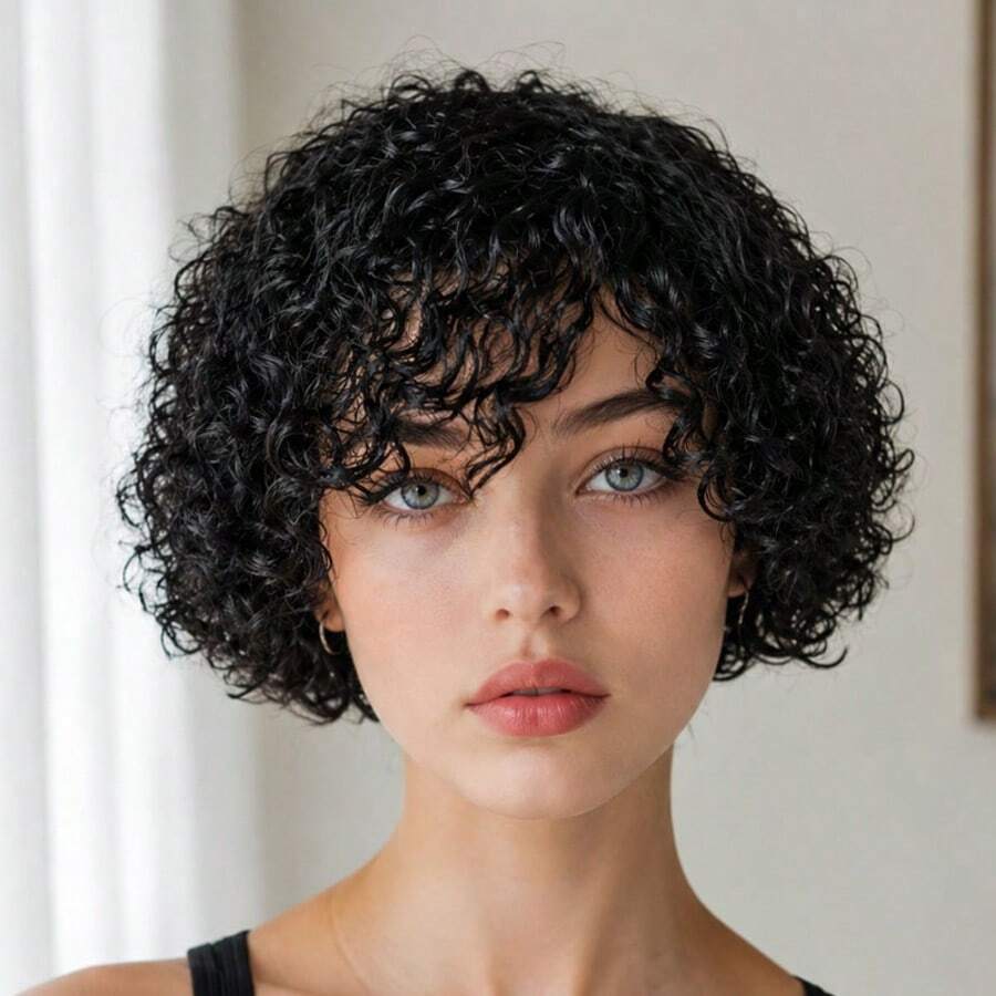 Human Hair Wig Curly Wig Black Short Hair Wig Water Wave Wig Pixie Cut Wig Women's Wigs With Bangs 6 Inches Elastic Mesh Cap Suitable For All People