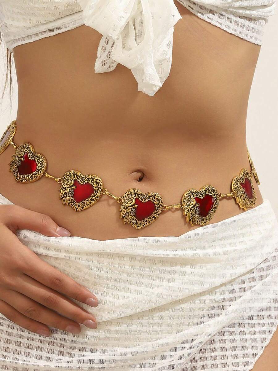 Vintage Rose Carved Red Heart Embellished Metal Waist Chain, Gothic Bohemian Adjustable Dress Party Decorative Belt - Multicolor - View 1
