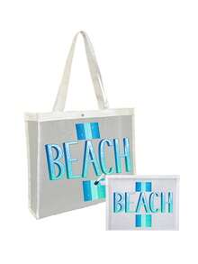 網格海灘包與小收納袋套組，印有夏季「BEACH」圖案，充滿夏日氛圍，包含購物袋、海灘包、夏威夷風透明收納袋、旅行盥洗包、海灘托特包、休閒度假包、化妝收納袋，適合學校、度假、假期和返校，是送給朋友和老師的理想禮物，也適合生日、派對、夏季、度假、假期和婚禮場合 - 彩色 - 查看 18