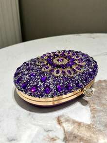 Este Nuevo Bolso de Noche de Forma Ovalada Está Adornado con Brillantes Diamantes de ImitacióDisponidos en un PatróTipo Girasol, y Viene con una Correa de Cadena en Tono Dorado. Se puede - Morado - Ver 5