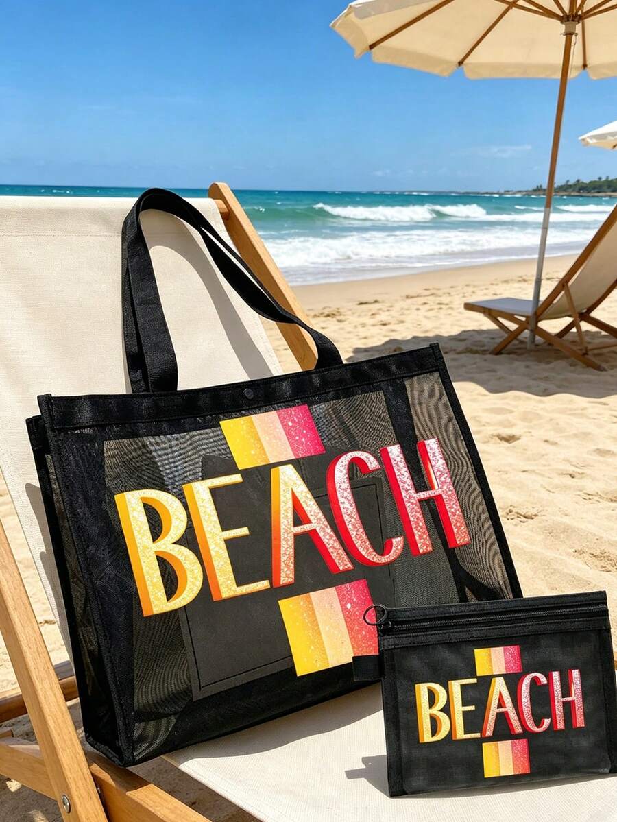 網格沙灘包與小包套組,印有夏季「BEACH」圖案,充滿夏日氛圍,包含購物袋、沙灘包、夏威夷風透明收納袋、旅行盥洗包、沙灘托特包、休閒度假包、化妝收納袋,適合學校、度假、假期和返校,是送給朋友和老師的理想禮物,也適合生日、派對、夏季、度假、假期和婚禮 - 黑色 - 查看 1