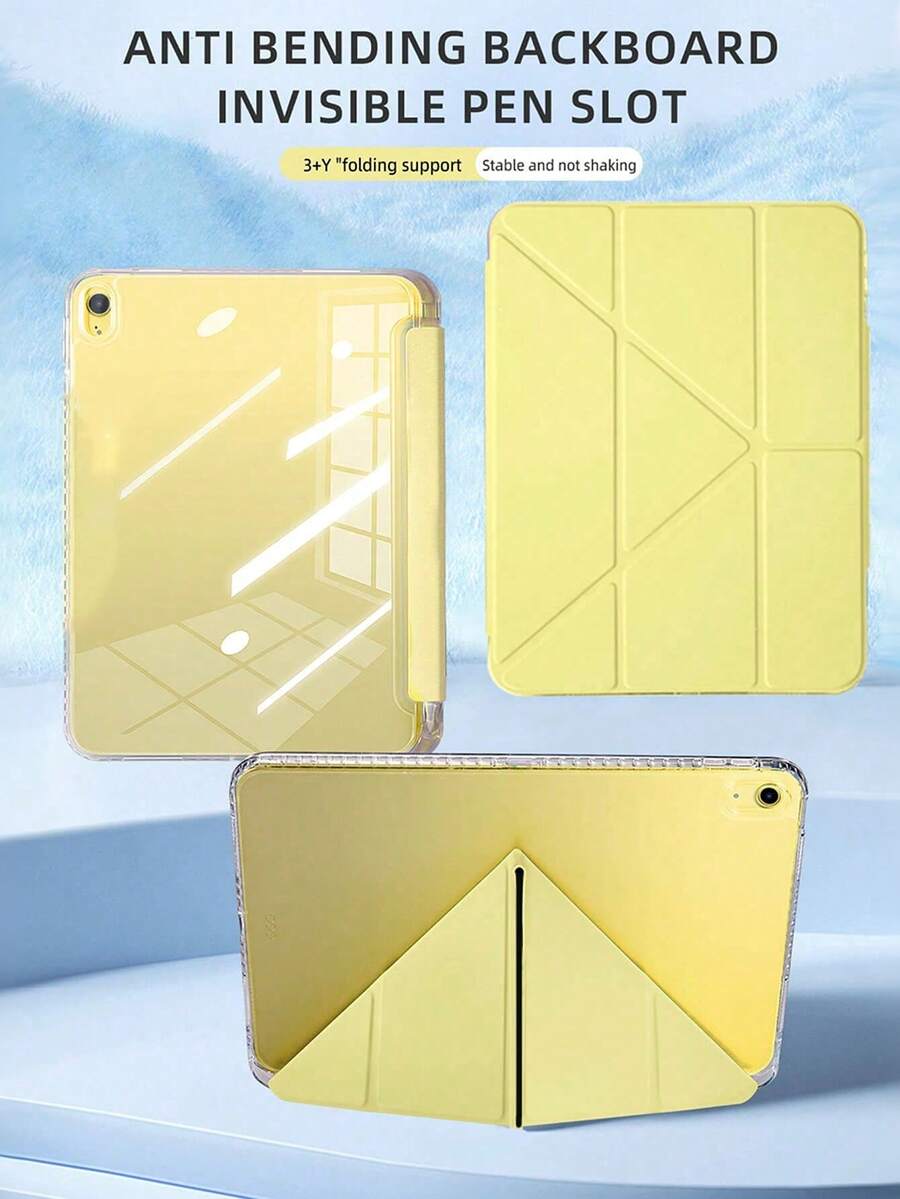 Lemon Yellow Acrylic Y-Shape Foldable Case, Magnetic Closure, Multi-Angle Kickstand, Built-In Pen Slot. High Clear Anti-Bend Anti-Scratch Hard Acrylic Back, Auto Sleep/Wake Function, Minimalist Casual Style. Compatible With IPad 9.7/10.2/10.5/Air4/Air5/10th/10.9/Pro11, Air11(M2)/Air13(M2)/Pro11 13(M4), Air8(M4)2026 11/13 Inch. Note: Minor Hue Deviation Exists From Lighting & Screen Display Variance. - Yellow - View 1