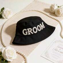 1pc Black Groom Bucket Hat, Pearl & Rhinestone Letter Decor Sun Protection Hat, Suitable For Groom Bachelor Party, Wedding, Honeymoon And Wedding Photography - View 5