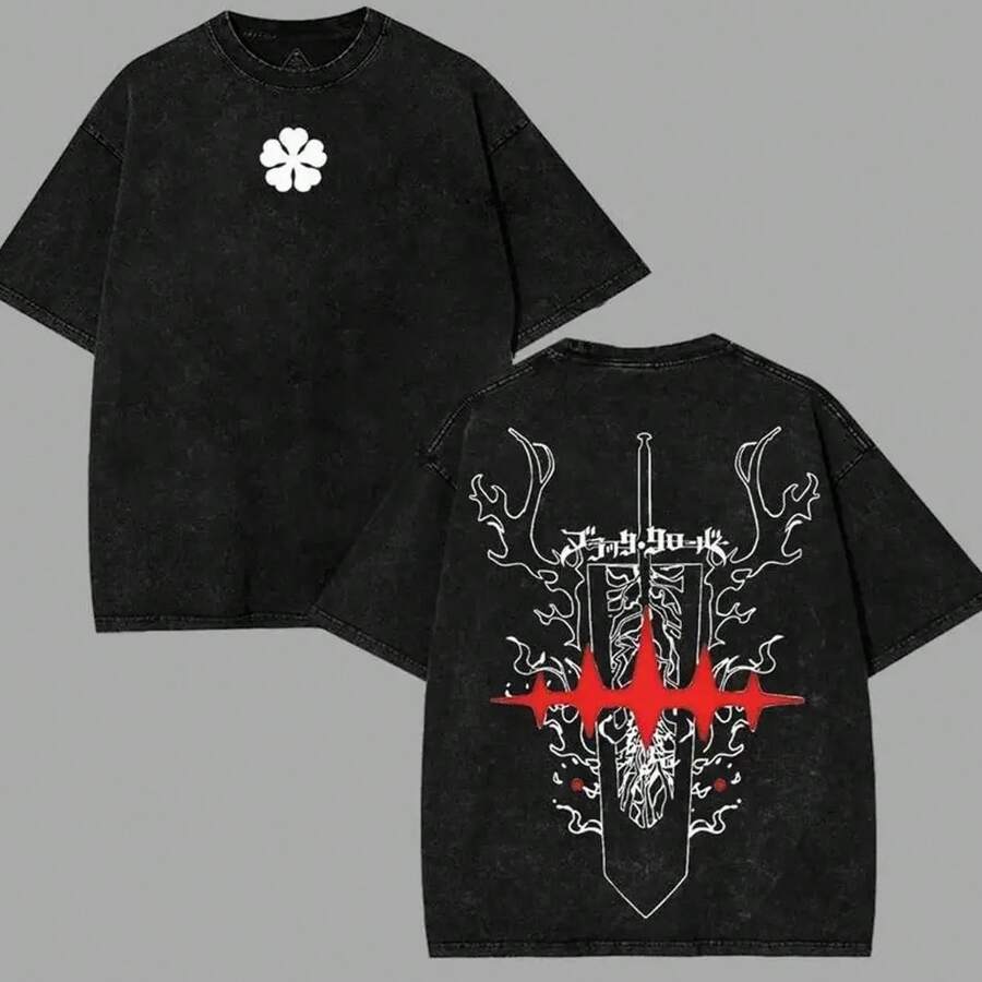 Camisetas de San Valentín Asta arma anti diablo forma de diablo humano Black Bulls Black Clover v15 Anime Doble Impresión Lavado Vintage Ropa Masculina Camiseta Gráfica Merch Unisex WZQ - Negro - Ver 1