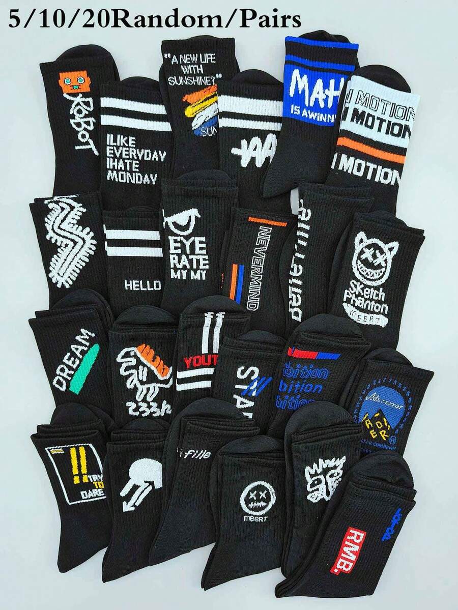 Set de 5 pares de calcetines medianos con estampados aleatorios de letras negras, rayas, dinosaurios y robots para hombres, ideales para skateboarding, otoño e invierno - Negro - Ver 1