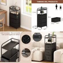 Buros para Recamara con Estación de CargaMesita de Noche con 3 Cajones de Tela y Estante Abierto Mesa Auxiliar Delgada de 40x24cm para Espacios Pequeños Sala y Dormitorio Estilo Vintage - Negro - Ver 1