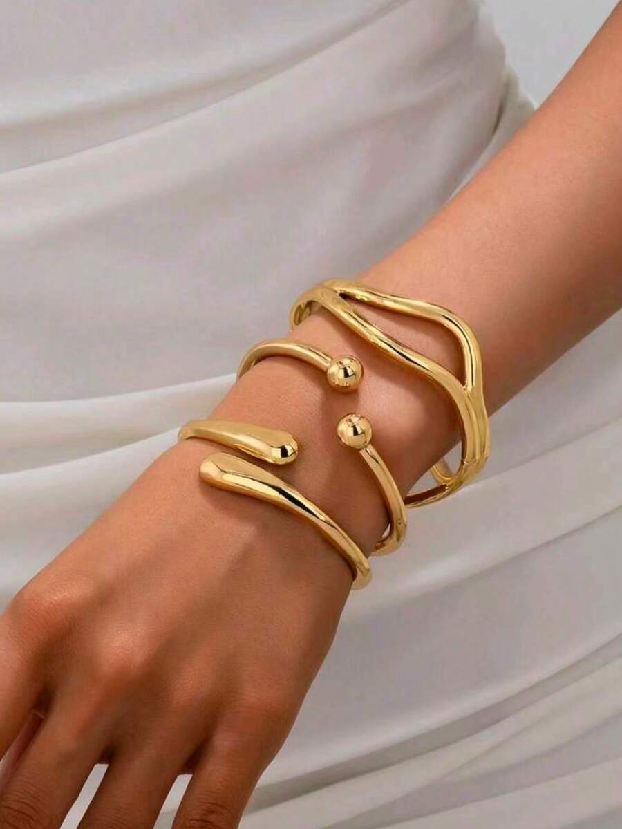 3pcs/1pc Fashion Minimalist Gold Tone Geometric Asymmetrical Curved Wave Water Drop Shape Chunky Textured Bangle Set, Suitable For Women, Thick Polished Heavy Metal And Zinc Alloy Material Bangle Set - Yellow Gold - View 1