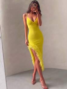 Sexy Spaghetti Strap Deep V Asymmetric Mesh Ruffle Hem Bandage Dress - Yellow - View 7