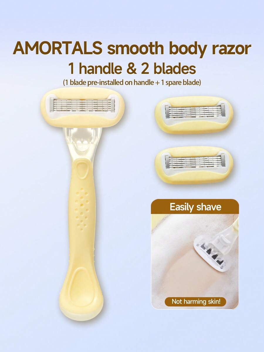 Amortals 身體刮鬍刀 1 個手柄 & 2 個刀片 – 5 層刀片、40° 靈活轉向頭、可拆卸可水洗可替換刀頭，全身刮毛適用腿部、腋下、比基尼區，中性，熱門便攜旅行刮毛工具