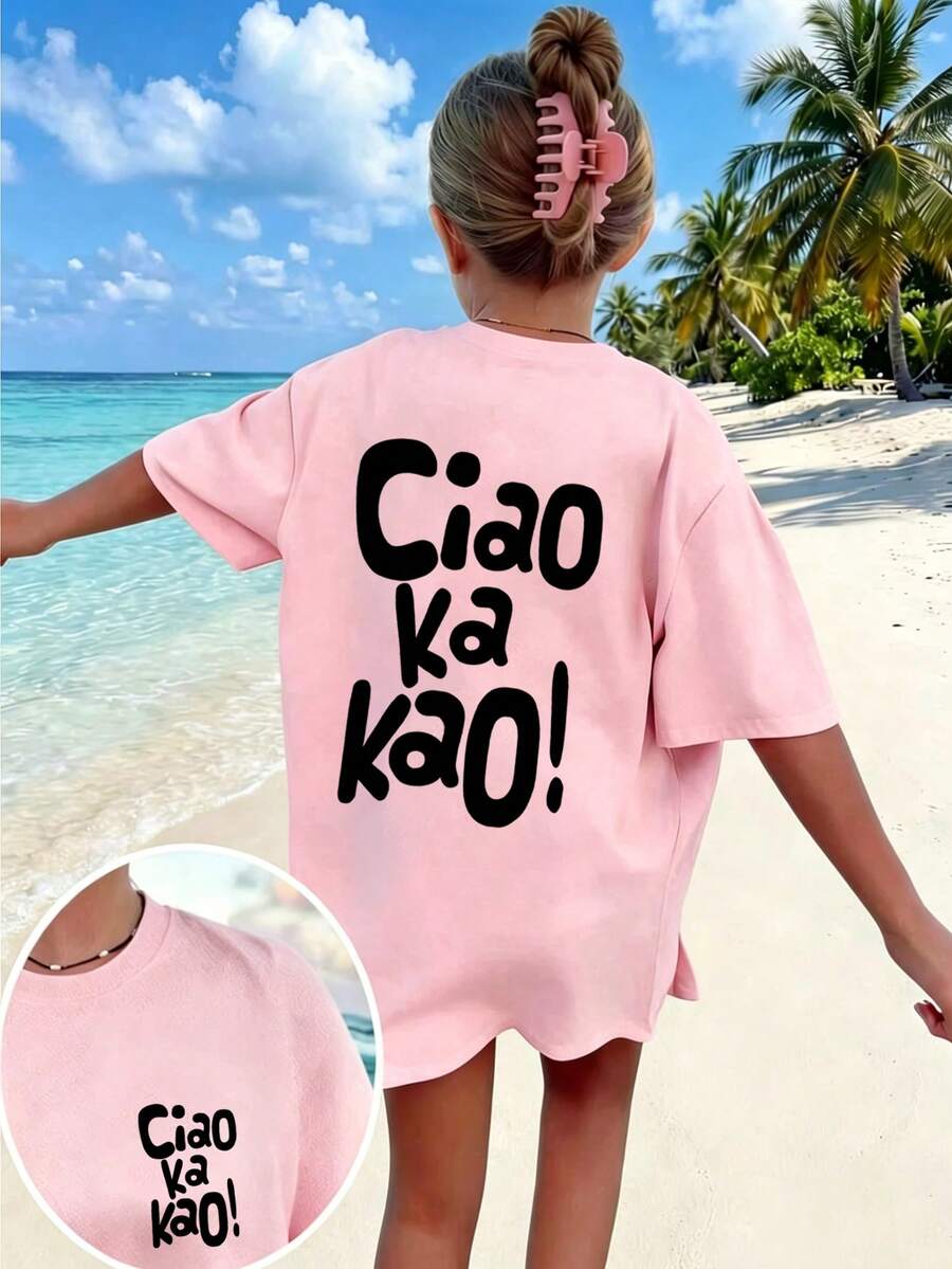 青少年女孩度假風印花T恤,適合旅行與假日穿著,時尚春夏休閒百搭上衣 - 粉色 - 查看 1